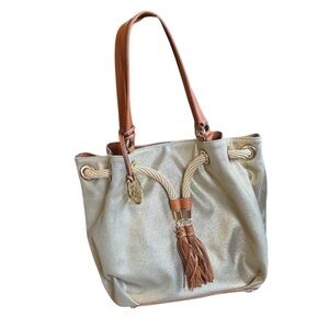 Elegant Gold and Tan Tote Bag MK Michael Kors signature purse handbag golden